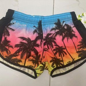 Girls Castaways sunset palm trees swim board shorts XL 14/16